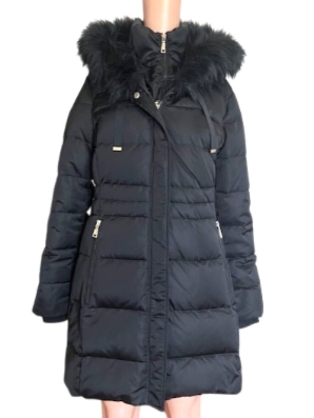 Tahari Black Down Puffer Coat Hooded Faux Fur Trim Snap Zip Jacket Size M